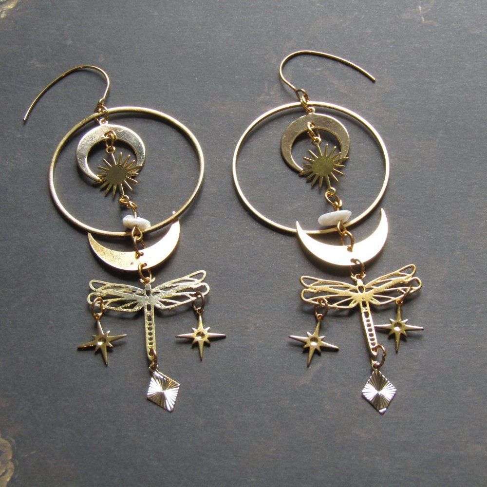 Celestial Dragonfly Huge Statement Hoop Earrings Gold golden Dangle